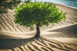 un solitario árbol en el arena dunas. generado por ai foto