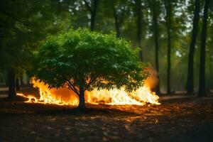 un árbol es ardiente en el bosque. generado por ai foto