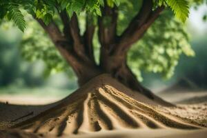 a tree with sand on the ground and a green background. AI-Generated photo