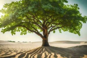 a tree in the desert with sand dunes in the background. AI-Generated photo