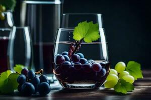 uvas y vino en lentes en un mesa. generado por ai foto