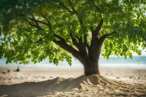 a tree on the beach with sand in the background. AI-Generated photo