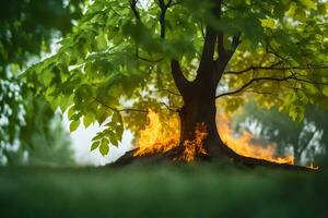 a tree with fire coming out of it. AI-Generated photo