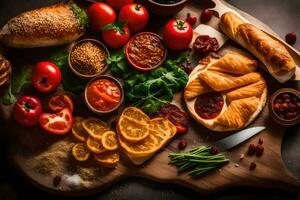 a wooden cutting board with various foods on it. AI-Generated photo