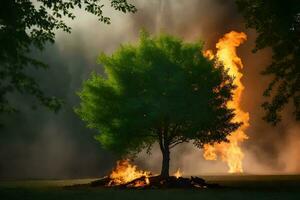 un árbol es ardiente en el medio de un campo. generado por ai foto