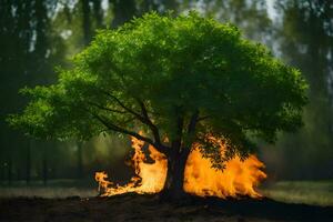 a tree is burning in the middle of a field. AI-Generated photo