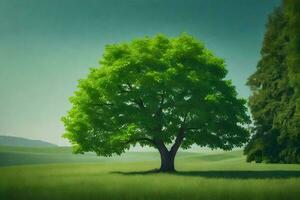 a tree in a field with a green background. AI-Generated photo