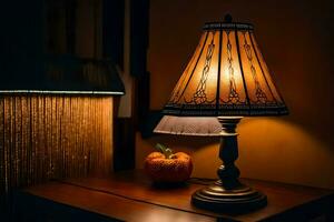 a lamp on a table in front of a pumpkin. AI-Generated photo