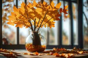 otoño hojas en un florero en un mesa. generado por ai foto