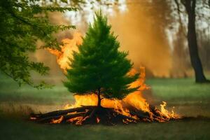 un pequeño árbol es sentado en parte superior de un fuego. generado por ai foto