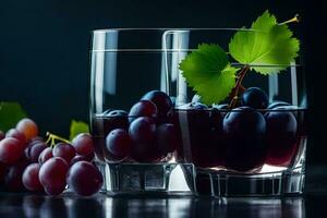 two glasses filled with grapes and leaves. AI-Generated photo