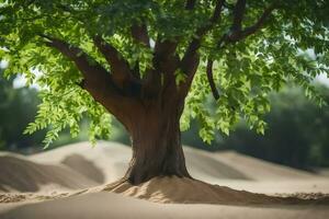 a tree in the desert with sand dunes in the background. AI-Generated photo