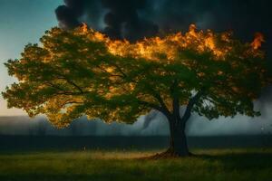 un árbol con fumar viniendo fuera de él. generado por ai foto