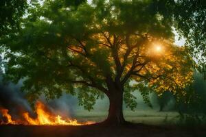 a tree with flames and a bright sun. AI-Generated photo