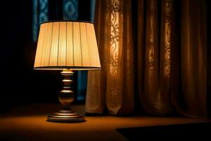 a lamp is sitting on a table in front of a curtain. AI-Generated photo