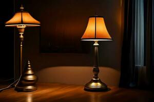 two lamps on a wooden floor in the dark. AI-Generated photo