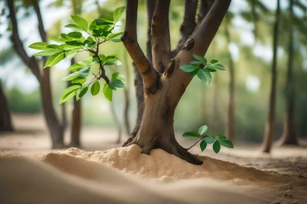 a small tree growing out of the sand in the middle of a forest. AI-Generated