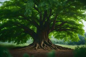 un grande árbol con raíces en el medio de un campo. generado por ai foto