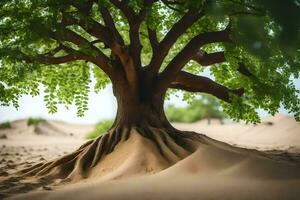 un árbol con raíces en el arena. generado por ai foto