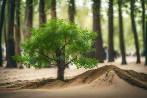 a small tree is growing out of the sand in the middle of a forest. AI-Generated photo