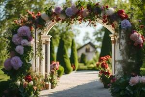 an archway with flowers and greenery. AI-Generated photo