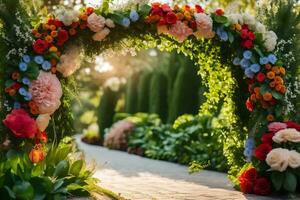 an archway with flowers and greenery. AI-Generated photo