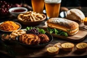 a table with food and drinks including a sandwich, fries and beer. AI-Generated photo