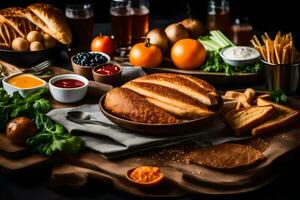 un mesa con comida y bebidas en él. generado por ai foto