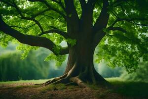 a large tree with green leaves in the middle of a field. AI-Generated photo