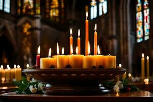 candles are lit in a church with candles on a table. AI-Generated photo