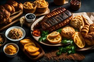 a variety of food on a wooden board. AI-Generated photo