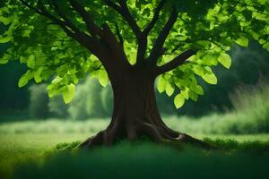 un árbol con verde hojas y raíces en el césped. generado por ai foto