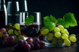 uvas y vino en un oscuro mesa. generado por ai foto