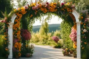 an archway with flowers and greenery. AI-Generated photo