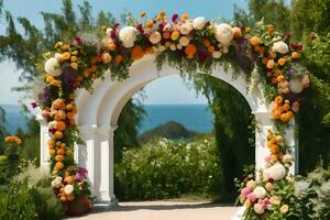 an archway decorated with flowers and a view of the ocean. AI-Generated photo