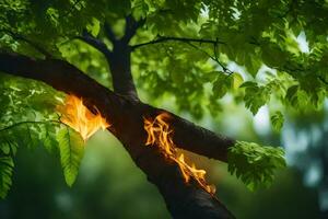 a tree with fire on it in the background. AI-Generated photo