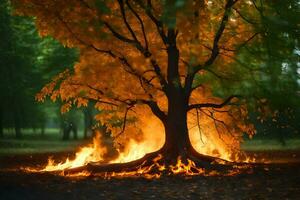 a tree with flames coming out of it in the middle of a forest. AI-Generated photo