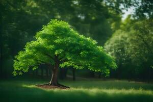 a tree in the middle of a green field. AI-Generated photo