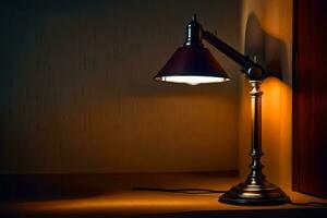 a lamp on a table in a dark room. AI-Generated photo