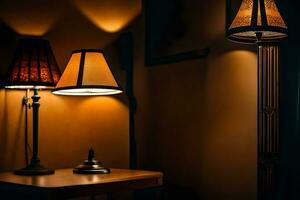 two lamps sit on a table in a dark room. AI-Generated photo