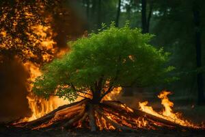a tree is burning in the forest. AI-Generated photo