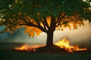 a tree with smoke coming from it and a fire in the background. AI-Generated photo