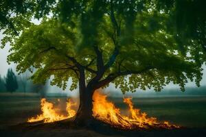 a tree with flames coming out of it in the middle of a field. AI-Generated photo