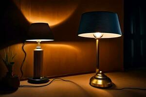 two lamps are on a table in a dark room. AI-Generated photo