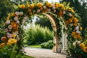 a wedding arch decorated with yellow flowers. AI-Generated photo