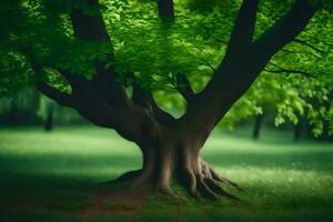 a tree with roots in the middle of a green field. AI-Generated photo