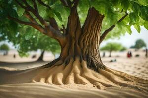 a tree with roots in the sand. AI-Generated photo