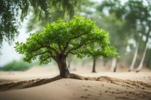 a tree growing out of the sand in the desert. AI-Generated photo