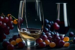 wine pouring into a glass with grapes. AI-Generated photo