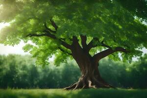 a tree is shown in a field with green leaves. AI-Generated photo